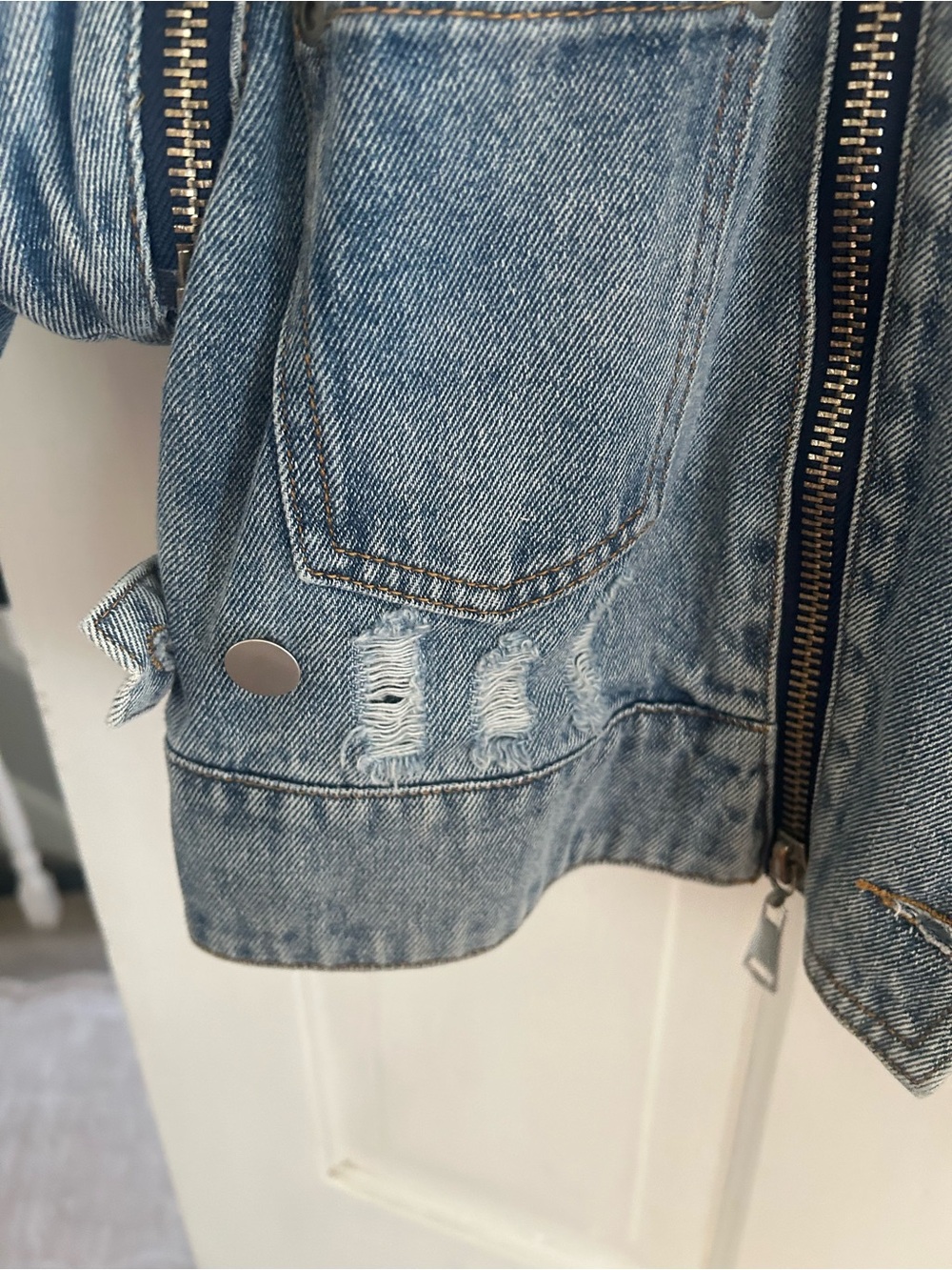 POL Light Blue Cropped Distressed Denim Jacket with Zips - Picture 3 of 4